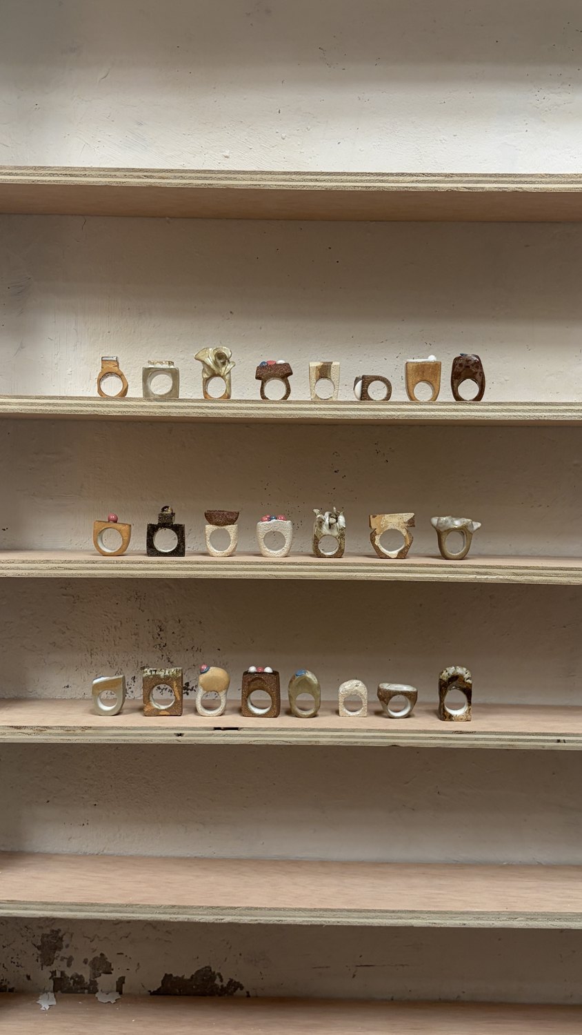 Anillos de gres del taller en estantes de madera
