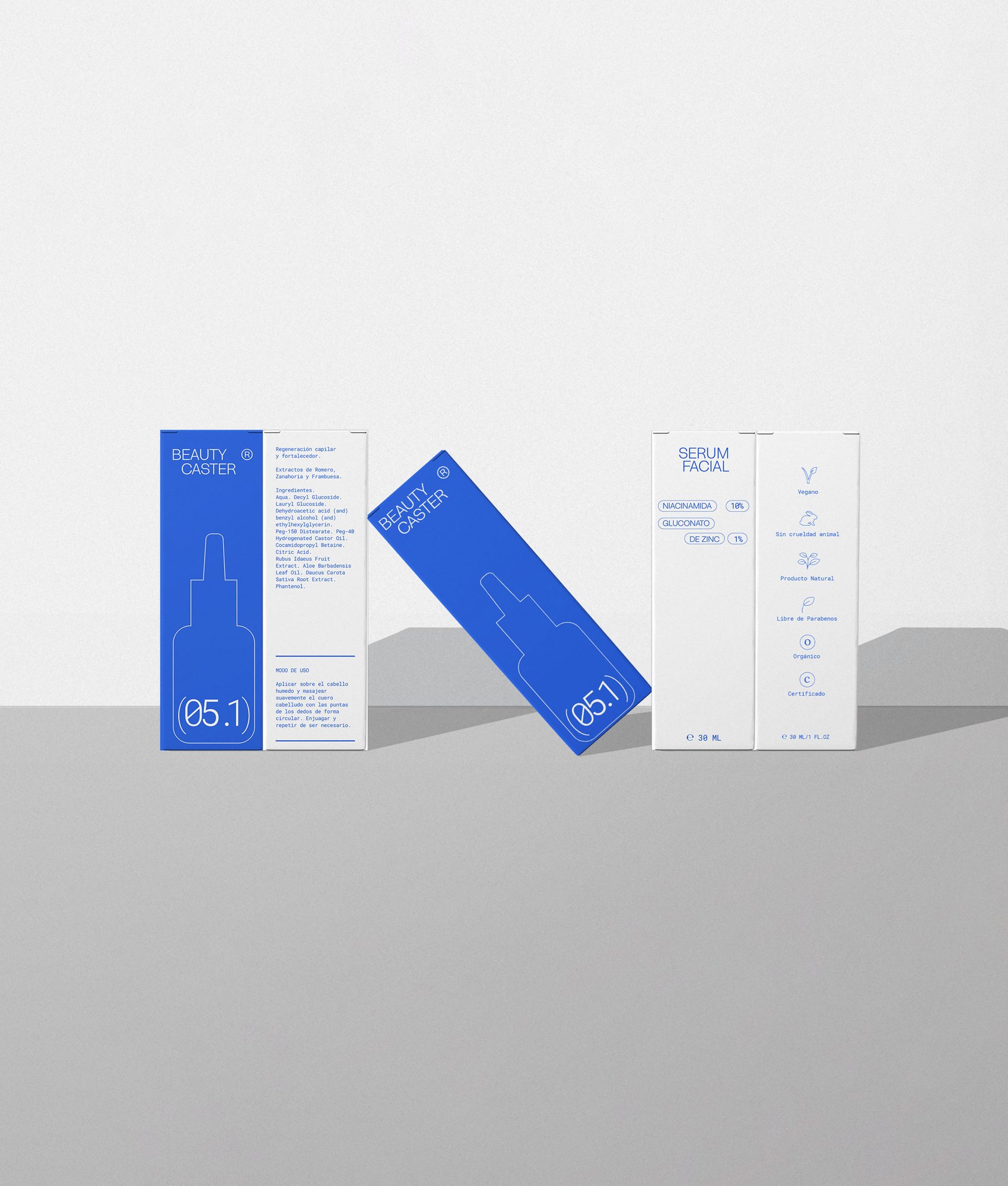 Packaging de Beauty Caster: caixes blaves i blanques de sèrum