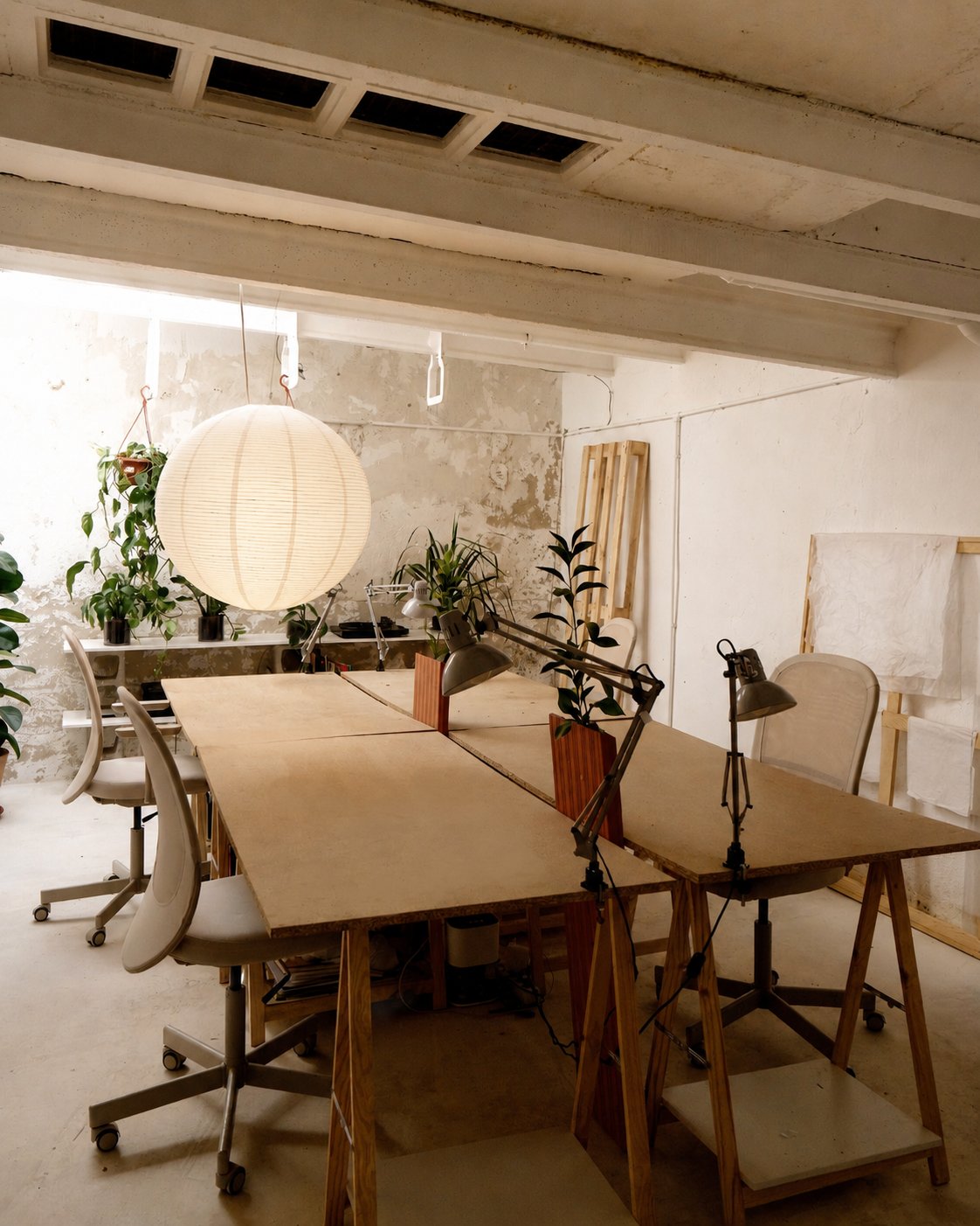 El estudio con mesas de trabajo, lámparas y plantas