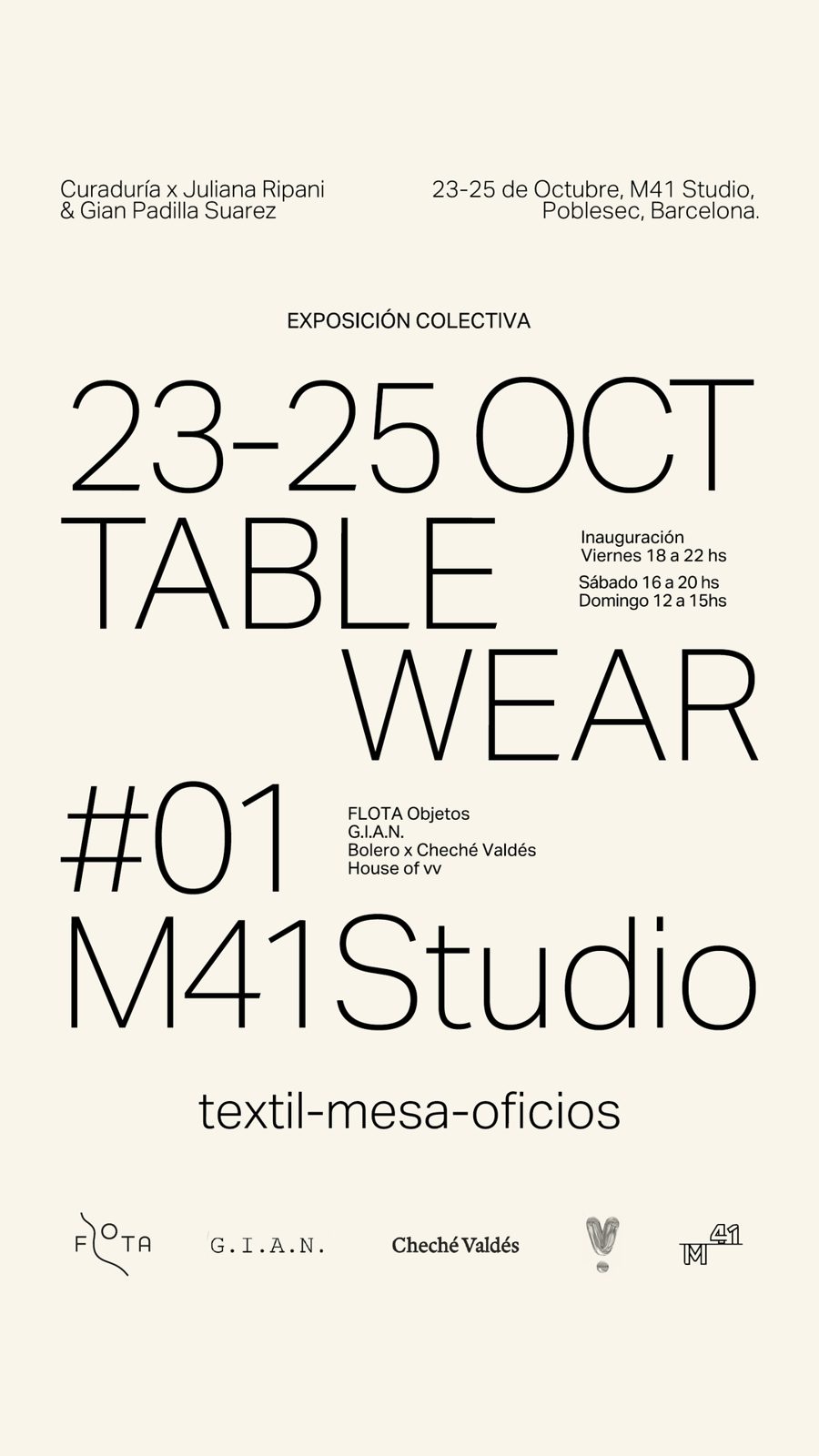 Afiche de TABLE WEAR #01, exposición colectiva en M41 Studio del 23 al 25 de octubre