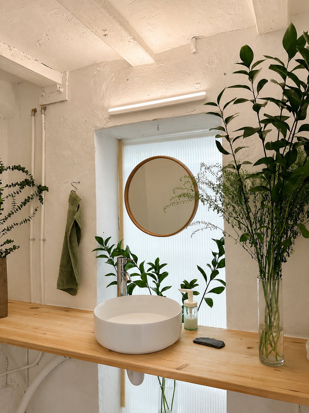 Lavabo de cerámica junto a la ventana con plantas