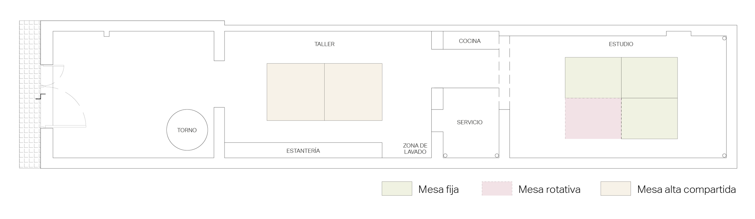 Plano de AL MAR: taller con torno, mesa alta compartida y estantería; cocina, servicio y zona de lavado; estudio con cuatro mesas, tres fijas y una rotativa