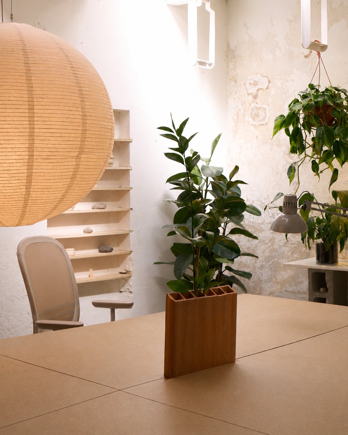 Lámpara de papel y plantas sobre las mesas del estudio