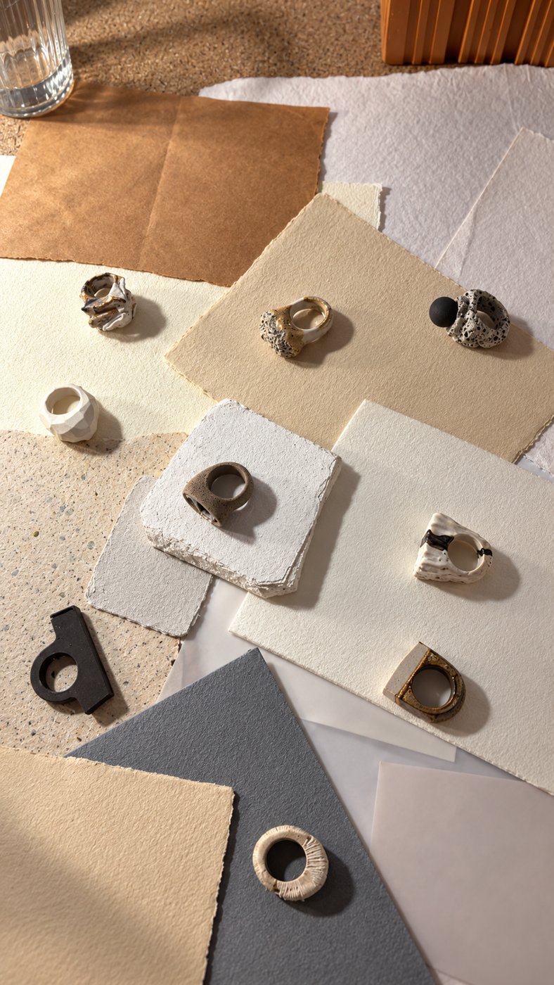 Serie de anillos de gres sobre papeles