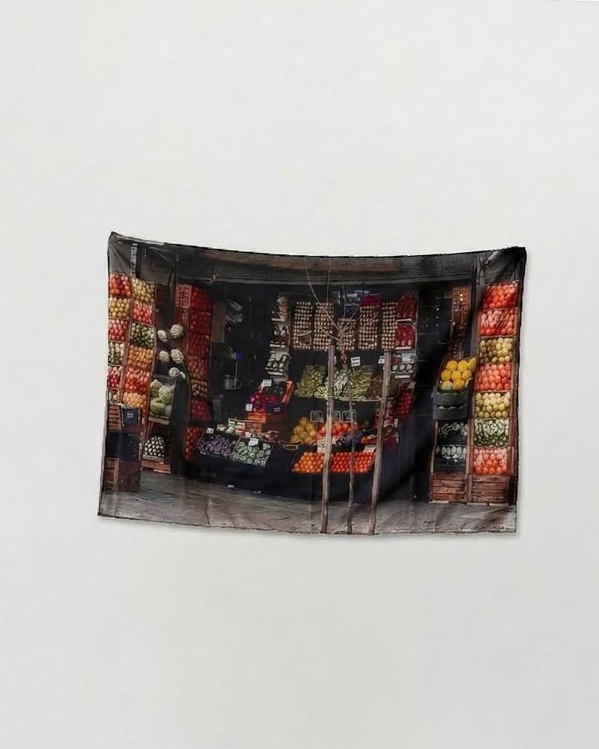 Obra de Arich: tapiz con la fotografía de una frutería