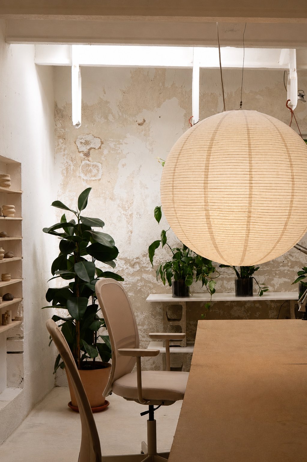 Rincón del estudio con lámpara de papel y estanterías