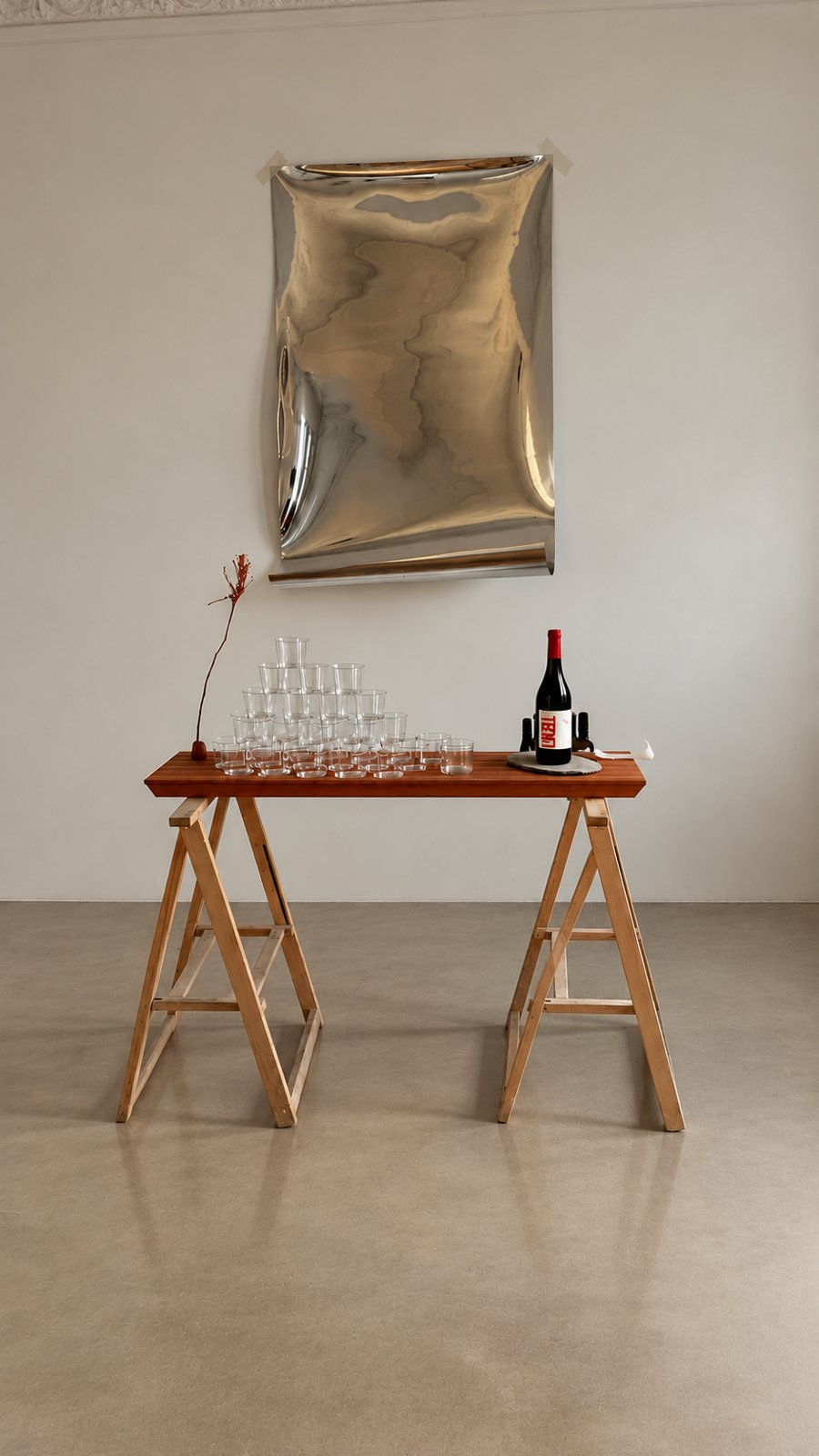 Mesa de madera sobre caballetes con vasos y vino, bajo una lámina de metal reflectante